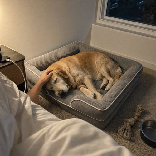 A senior Golden Retriever asleep on the grey Dozed Pups Bed at night, his owner's hand on his head