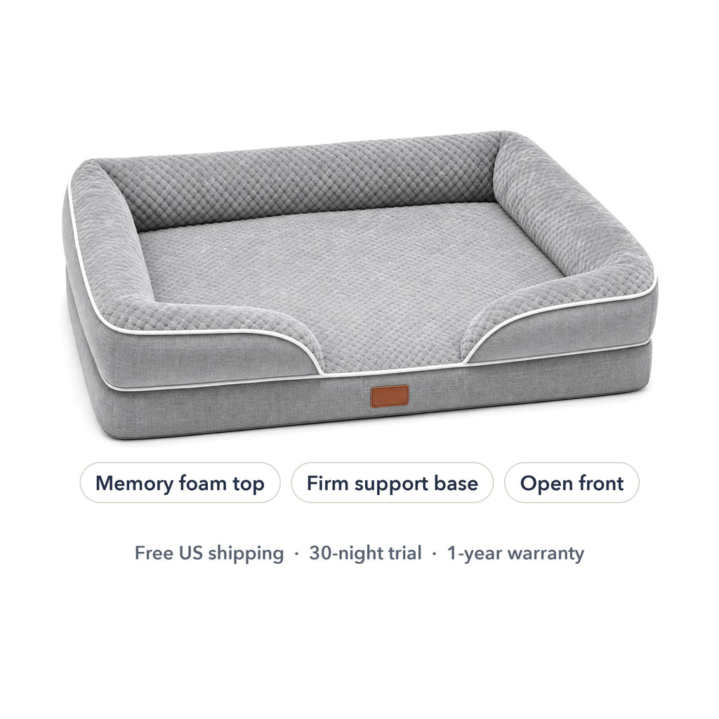 The Dozed Pups Bed in grey: memory foam top, firm support base, open front