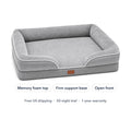 The Dozed Pups Bed in grey: memory foam top, firm support base, open front