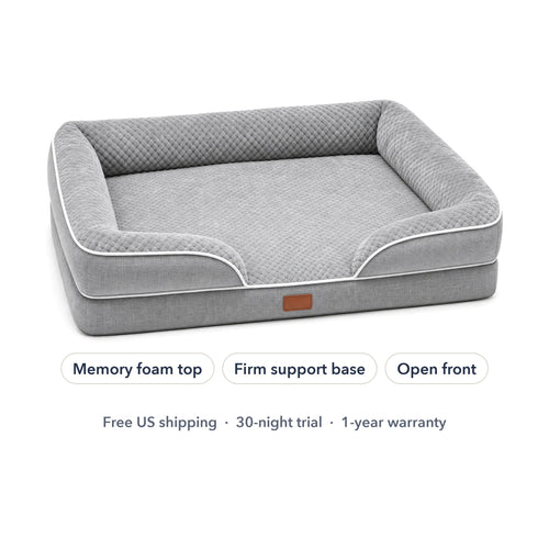The Dozed Pups Bed in grey, built for dogs with arthritis: memory foam top, firm support base, open front