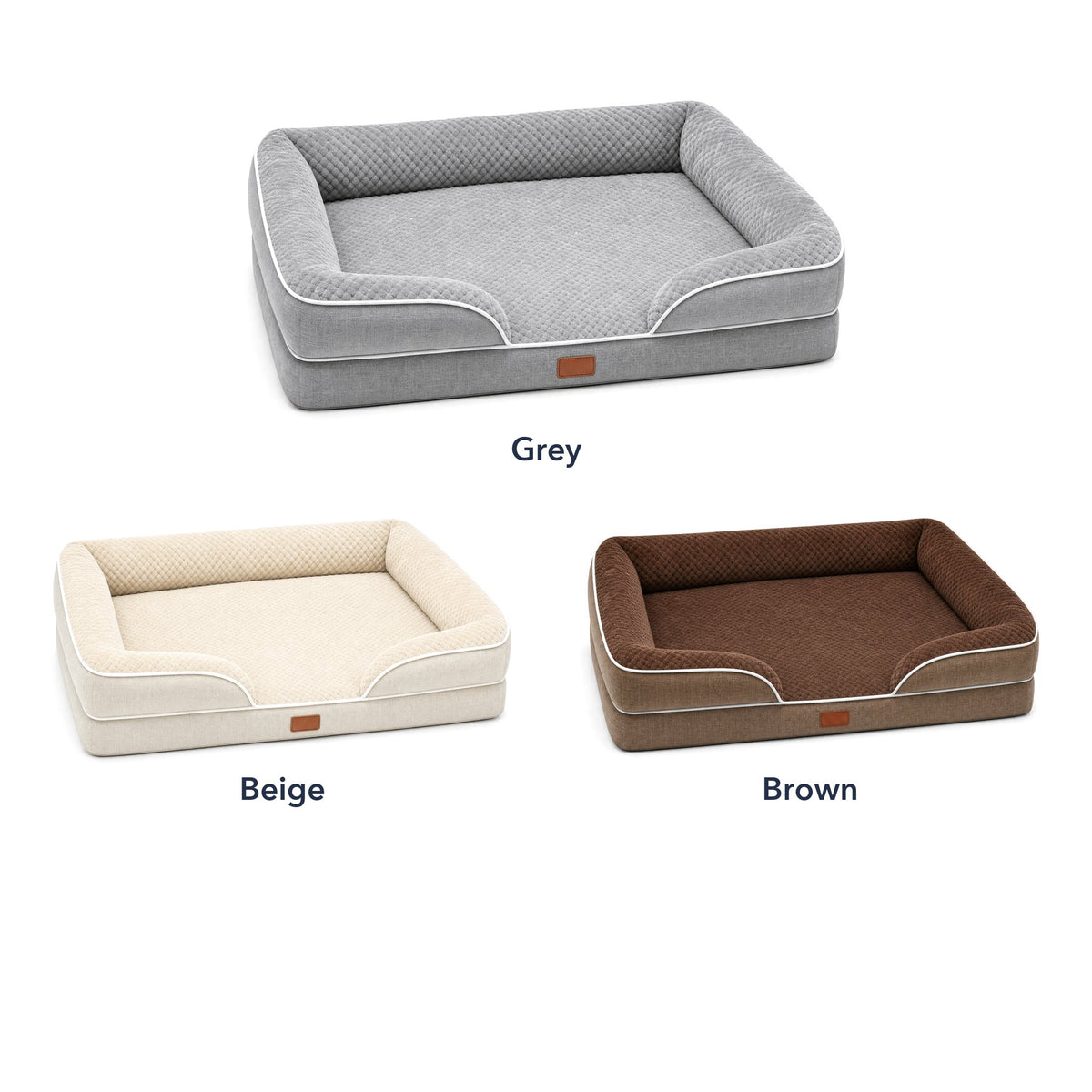 The bed in grey, beige and brown