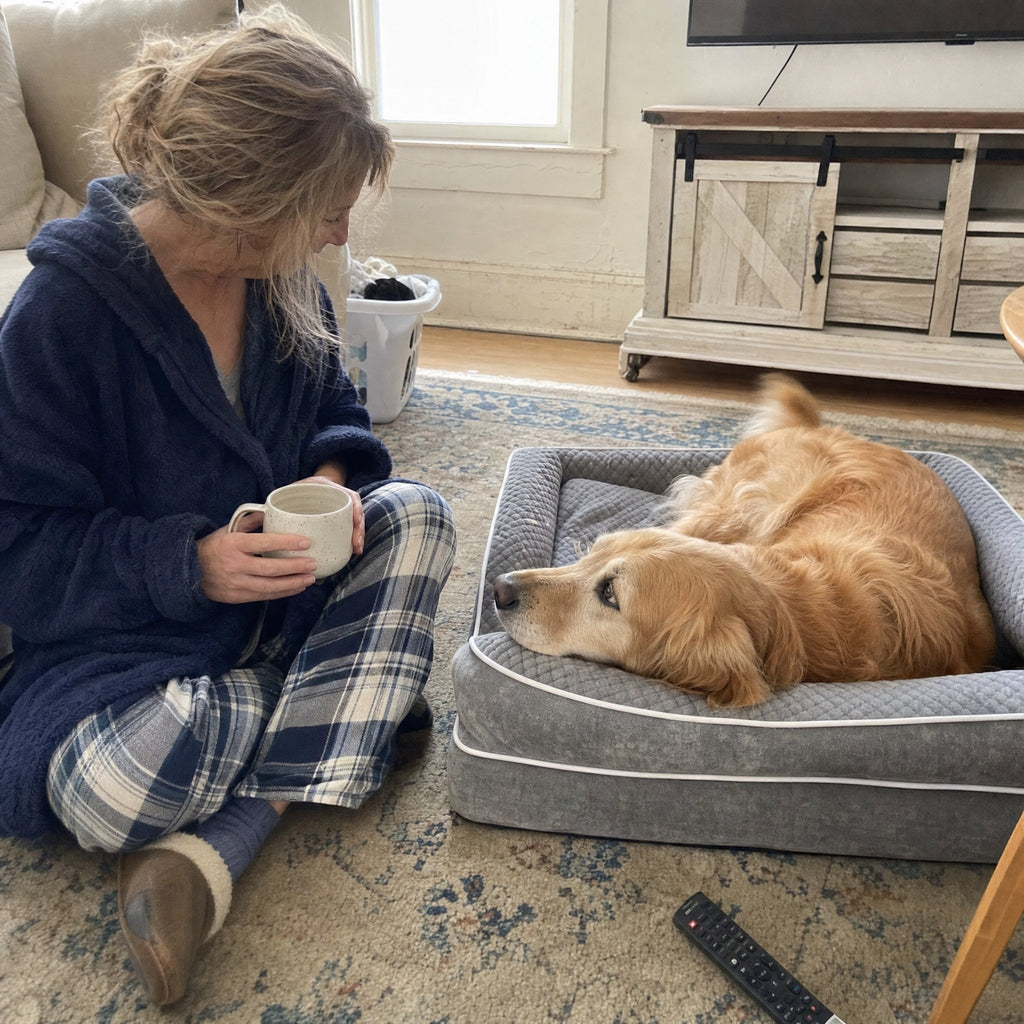 A senior Golden Retriever resting on the grey bed beside his owner, who sits on the rug with a coffee