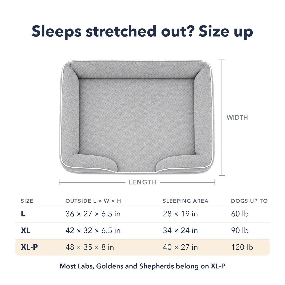 Size guide for L, XL and XL-P with outside and sleeping-area dimensions