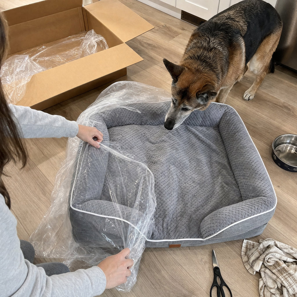 Unpacking the bed from its plastic while a senior German Shepherd sniffs it