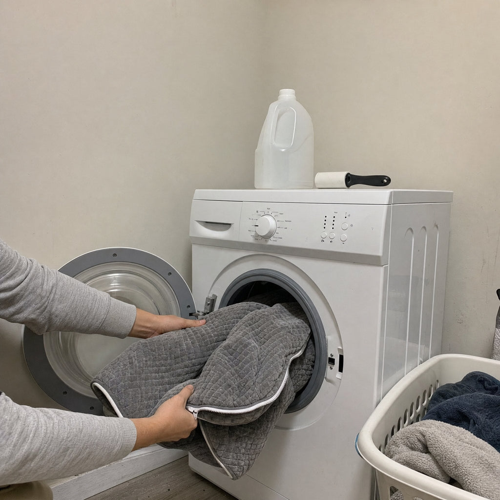 The zip-off cover going into a home washing machine